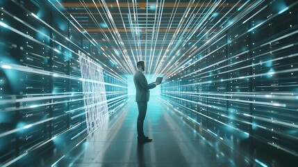 Futuristic 3D Concept Big Data Center Chief Technology Officer Using Laptop Standing In Warehouse Information Digitalization Lines Streaming Through Servers SAAS Cloud Computing Web Se : Generative AI