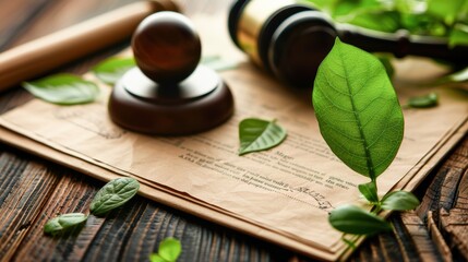 Legal documents with environmental compliance stamps, green governance, sustainable law