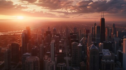 Fototapeta premium Chicago building city view from observation deck high level with sunset sky cityscape of Michihan USA United states of america : Generative AI