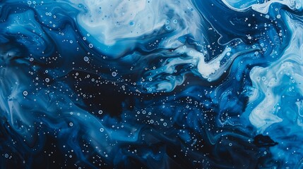 Intense dark and light blue ink swirls with speckles of white creating an abstract oceanic texture with bubbles scattered throughout : Generative AI