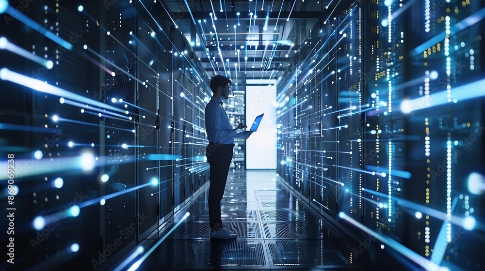 Poster futuristic concept data center chief technology officer holding laptop standing in warehouse informa