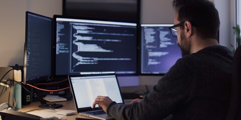 A programmer intensely works on coding at a desk, utilizing a laptop connected to three monitors to effectively manage and execute the tasks at hand in a modern workspace.