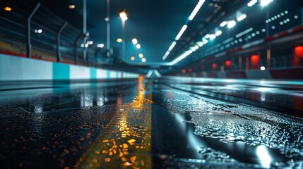 Fototapeta premium wet race track, night, cinematic, photo realistic, low wide angle --ar 16:9 Job ID: c10ea9b2-511f-4248-9b37-ff9a9420909b