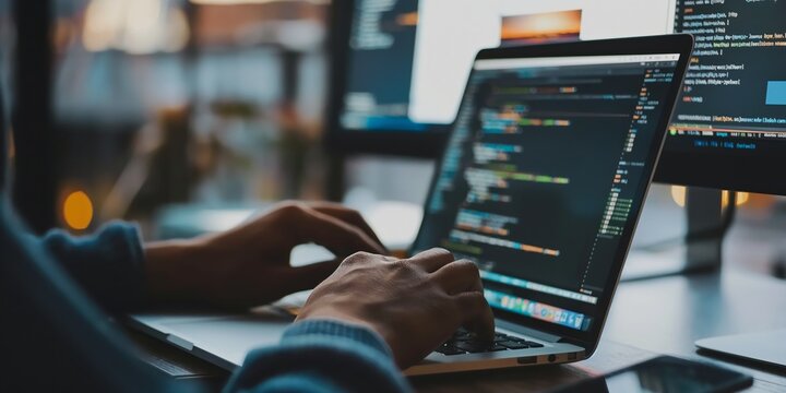An individual is actively programming on a laptop connected to multiple screens, each displaying lines of code. This setup signifies a dedicated coding environment.