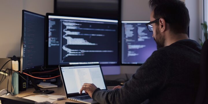 A programmer intensely works on coding at a desk, utilizing a laptop connected to three monitors to effectively manage and execute the tasks at hand in a modern workspace.