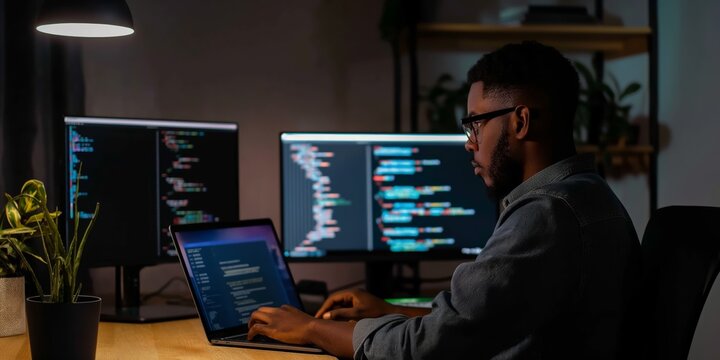 In a dimly lit room, a determined coder is seen programming on a laptop, surrounded by multiple monitors displaying code, highlighting a dedication to computing tasks. - Powered by Adobe