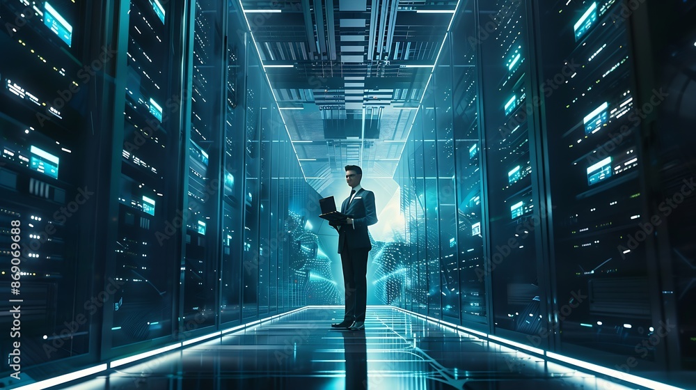 Poster Futuristic Concept Data Center Chief Technology Officer Holding Laptop Standing In Warehouse Information Digitalization Lines Streaming Through Servers SAAS Cloud Computing Web Service : Generative AI