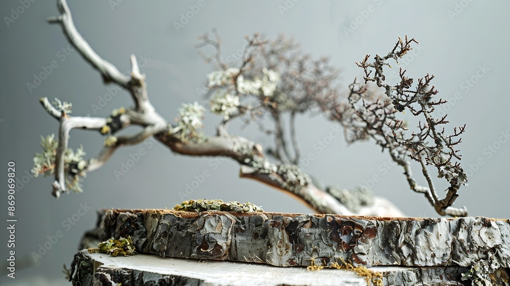 Poster abstract north nature scene with a composition of lichen pine branches and dry snags place your prod
