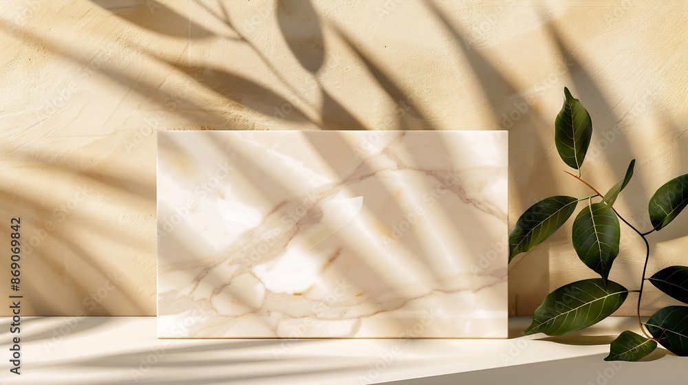 Poster Abstract empty marble board with shadows and green leaves on a beige background Layout concept for promotional product presentation sale or cosmetics display Front view and copy space : Generative AI