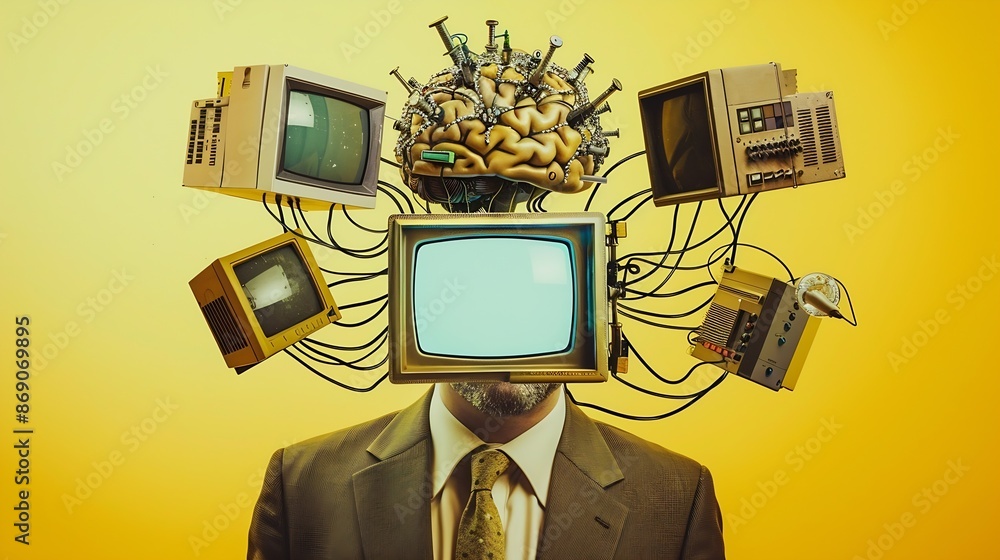 Aufkleber Man businessmans brain charge by means of energy of retro computers on yellow background Contemporary art collage Loading generating new ideas Concept of surrealism retro style : Generative AI