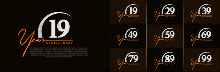 anniversary logotype set vector, orange and silver color with swoosh for special day celebration