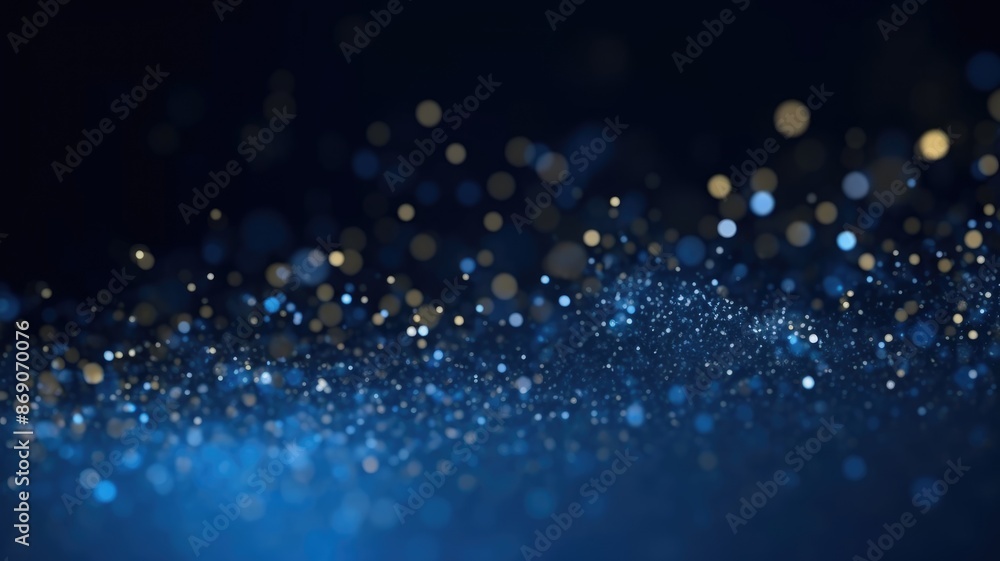 Poster the picture of vague visual of sparkling particles scattered across a deep blue and gold background,