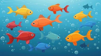Fototapeta premium A cartoon illustration of colorful fish swimming in the ocean