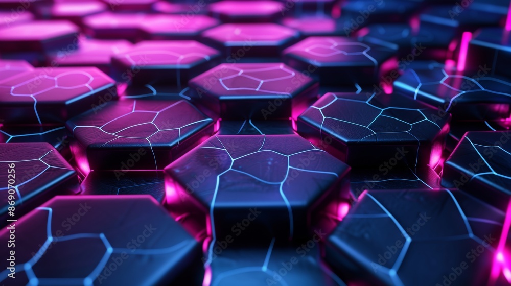 Poster high-tech 3d background with intricate hexagonal patterns and vibrant neon lights, creating a futuri