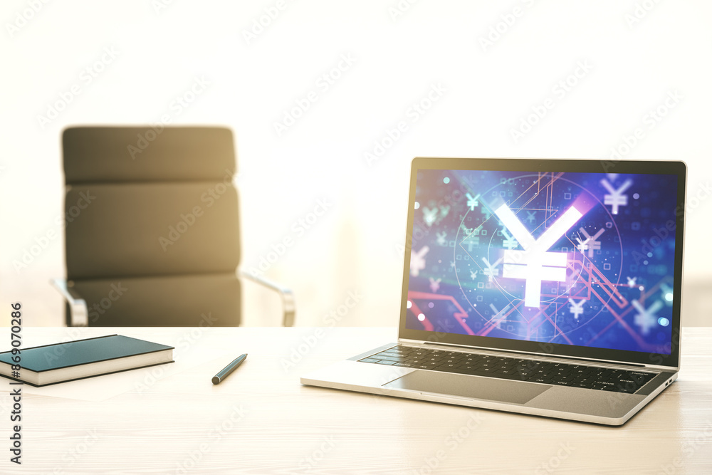 Poster modern computer monitor with creative japanese yen symbol hologram. banking and investing concept. 3