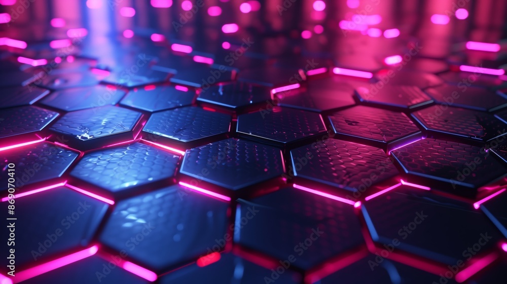 Poster a high-tech 3d backdrop with hexagonal patterns and neon lights, creating a futuristic visual experi