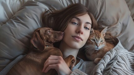 Portrait of a young woman with a Hungarian Pointer dog and a small kitten in her arms lying at home : Generative AI