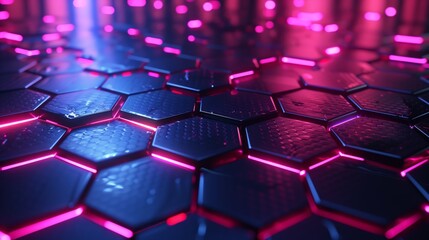 Obraz premium A high-tech 3D backdrop with hexagonal patterns and neon lights, creating a futuristic visual experience.