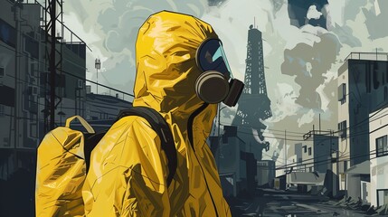 Dangerous protection from toxic mask. Pollution chemical gas disaster. Radiation nuclear safety, environment for men. Military hazard, apocalypse smoke. Ecology respirator