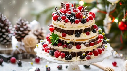 The christmas treeshaped layer cake is decorated with fresh berries chocolate and flowers The cake with cheese cream and honey cakesCake with fresh berries Dessert : Generative AI