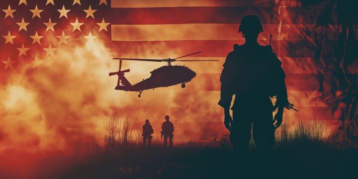 The silhouette of a soldier stands against the backdrop of a helicopter and the American flag, symbolizing patriotism, service, and duty to the nation.