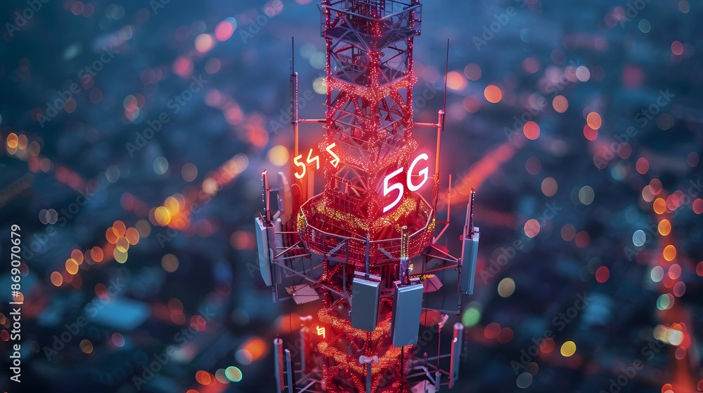 Aufkleber background image shows a 5g global network technology communication antenna tower for wireless high 