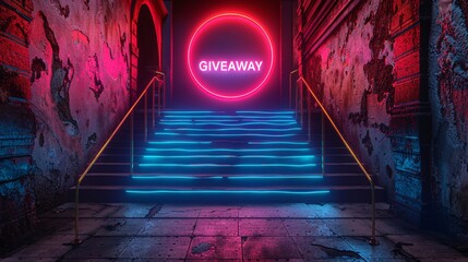 Neon text on a podium advertising a huge discount at a specialty store, with a promotional frame.