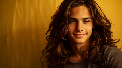 Happy cheerful young latino generation z. Smiling ethnic cool generation z teenage student, long hair, gold brown background.
