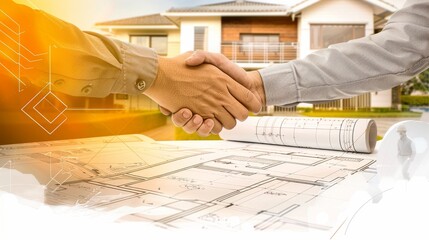 Two professionals shaking hands over a house blueprint with a construction site and digital interface in the foreground, symbolizing partnership