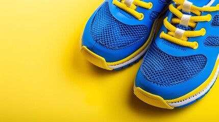 Blue childrens sports shoes on yellow background The concept of using textile shoes by children physical activity of children care for health new sport shoescopy spaceweb banner : Generative AI