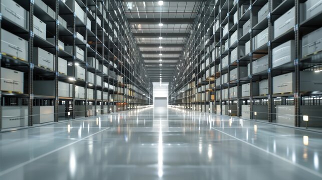 Warehouse interior with advanced robotic systems, smart logistics, futuristic inventory control