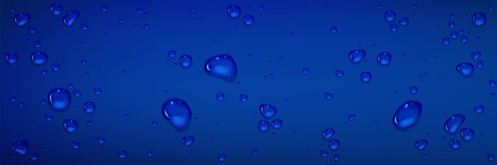 Rain water drops on blue glass surface. Realistic 3d vector illustration of smooth top with transparent droplet. Wet background with spray liquid bubbles. Scattered and spritz splash raindrops.
