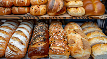 Breads on supermarket shelves, Different bread, baguettes, bagels, bread buns, and a variety of other fresh bread on display on grocery store bakery shelves, bread in a bakery,bread