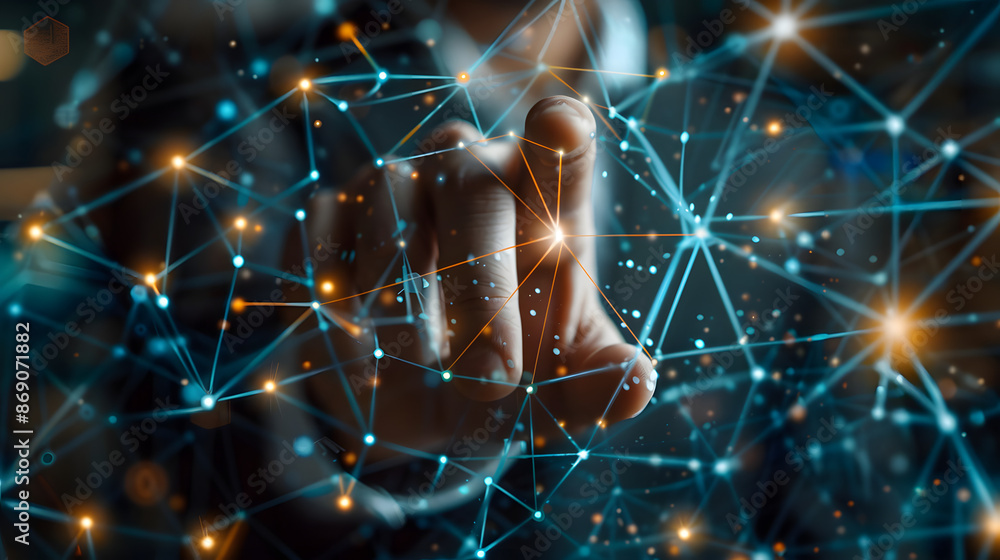 Poster businessman touching structure of business technology on data network to adapt implement new policie