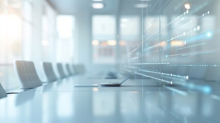 Modern conference room with digital interface overlay, symbolizing technology integration in business environments.