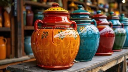 A row of colorful vases on a wooden shelf