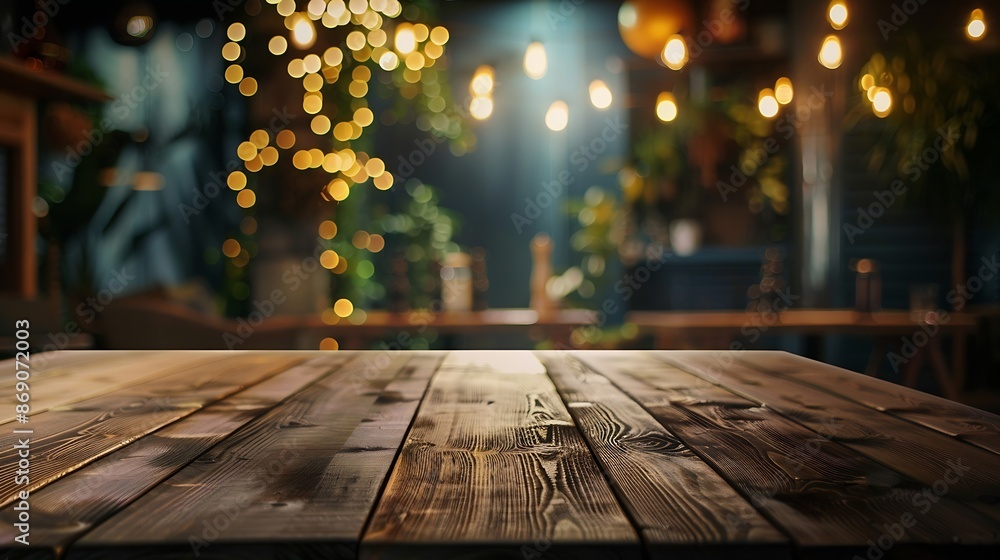 Aufkleber empty dark wooden table in front of restaurant abstract blurred bokeh background can be used to demo