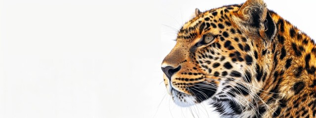Obraz premium A tight shot of a leopard's face against a blank white backdrop, featuring just one leopard in the foreground