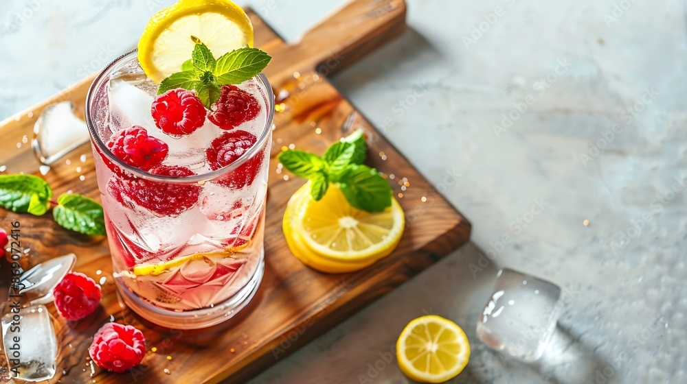 Poster raspberry cocktail with ice in a glass on a wooden cutting board a refreshing berry drink with mint 