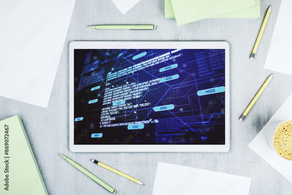 Leinwandbilder modern digital tablet screen with abstract graphic coding sketch, big data and networking concept. t