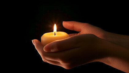 Candle in hand burning on the black background.