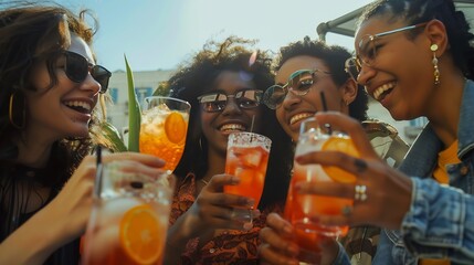 Company of four cheerful friends are enjoying tasty cocktails Roof party Interracial man and african women drink aperol with orange slices Multiethnic group of people have fun and laug : Generative AI