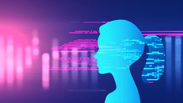 A digital illustration of an AI female avatar with holographic data visualizations in the background, representing an advanced technology and artificial intelligence concept.