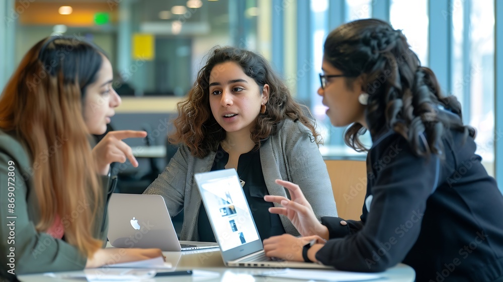 Aufkleber Three people are sitting at a desk with a laptop open One of the women is pointing at the laptop screen Scene is collaborative and focused : Generative AI