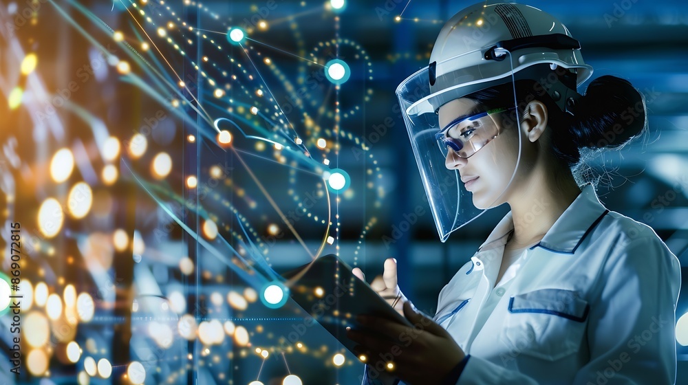 Poster a woman engineer is wearing a protective helmet on her head using tablet Analytics engineering data : Generative AI