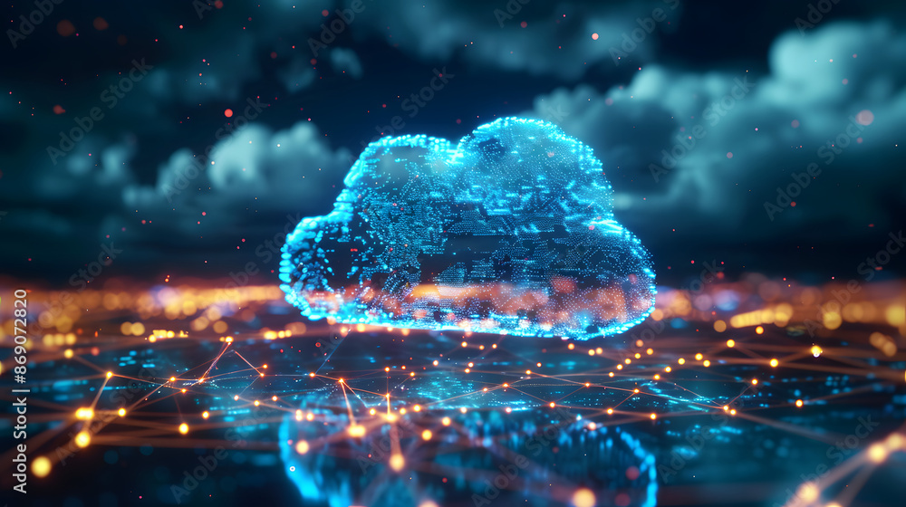 Poster cloud computing, global network, and future technology for communication, networking or ai. clouds, 