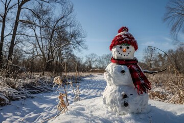 Obraz premium A snowman wearing a red hat and scarf stands in the snowy field, A whimsical snowman standing proudly in a snowy field