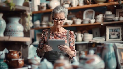 Senior craftswoman selling ceramic on the online platform with digital tablet in the art store Small Business and Crockery Shop concepts : Generative AI