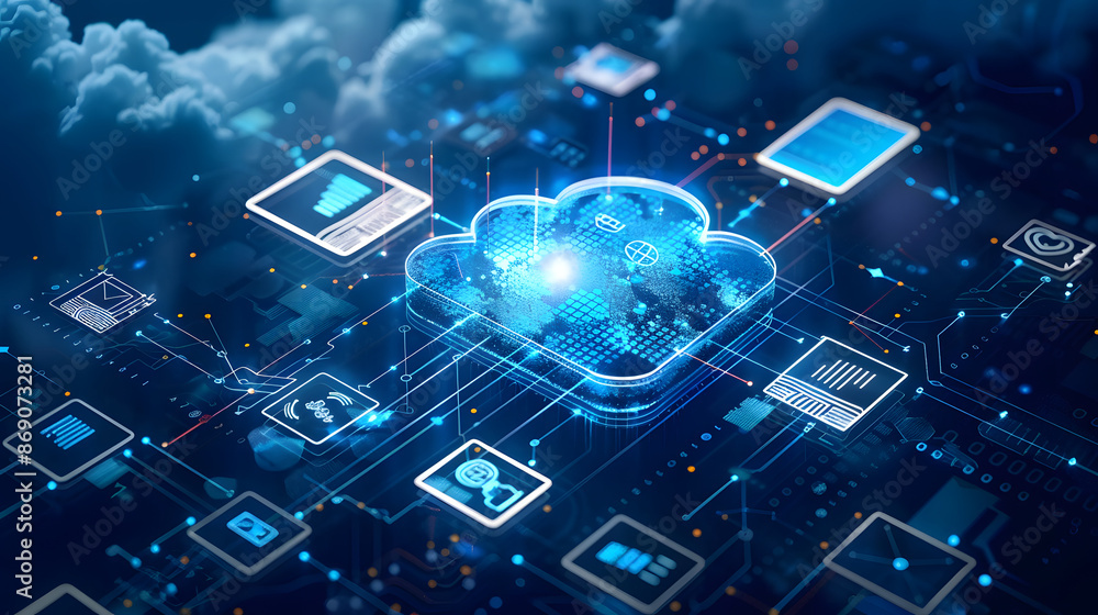 Poster cloud technology, computing. devices connected to digital storage in the data center via the interne