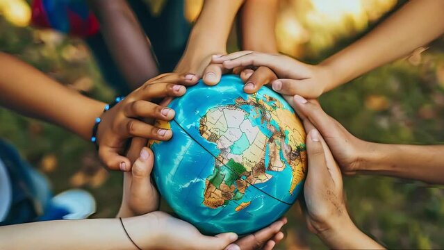 Diverse hands of various ages, cultures, and races holding a globe, symbolizing teamwork, global inclusion, shared future, and equality. Concept of interdependence and unity